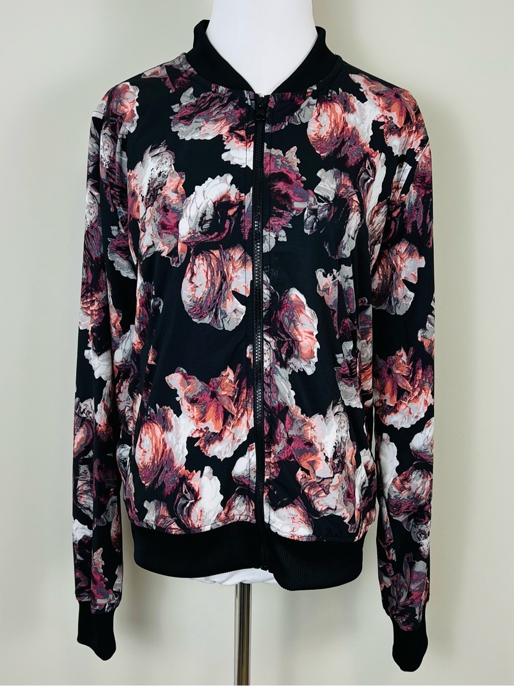 Floral Zip-Front Bomber Jacket - Black Pink